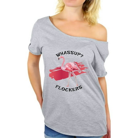Awkward Styles Whassup Flockers Off Shoulder Shirt Women's Flamingo Flowy Top Flamingo Gifts for Her Flamingo Themed Party Beach Shirts for Women Flamingo Summer Dolman Top Flamingo T Shirt for