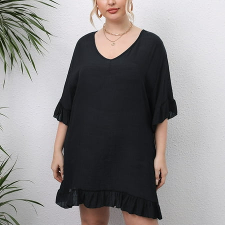 YEJIMAN Black Bathing Suit for Women Tummy Control  Swimsuit Cover Ups for Women Seethrough Plus Size Bathing Suit Cover up Casual Backless Beach Cover Ups with Ruffled Cuffs  2XL