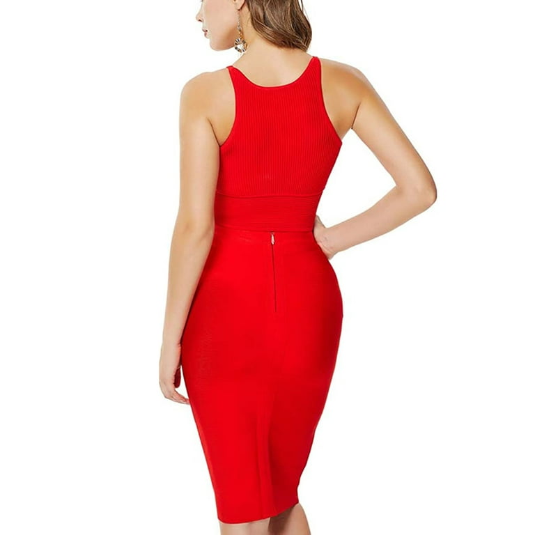Women's Two-Piece Crop Top Sheath Sleeveless Party Red Bandage Mini Dress  Set M
