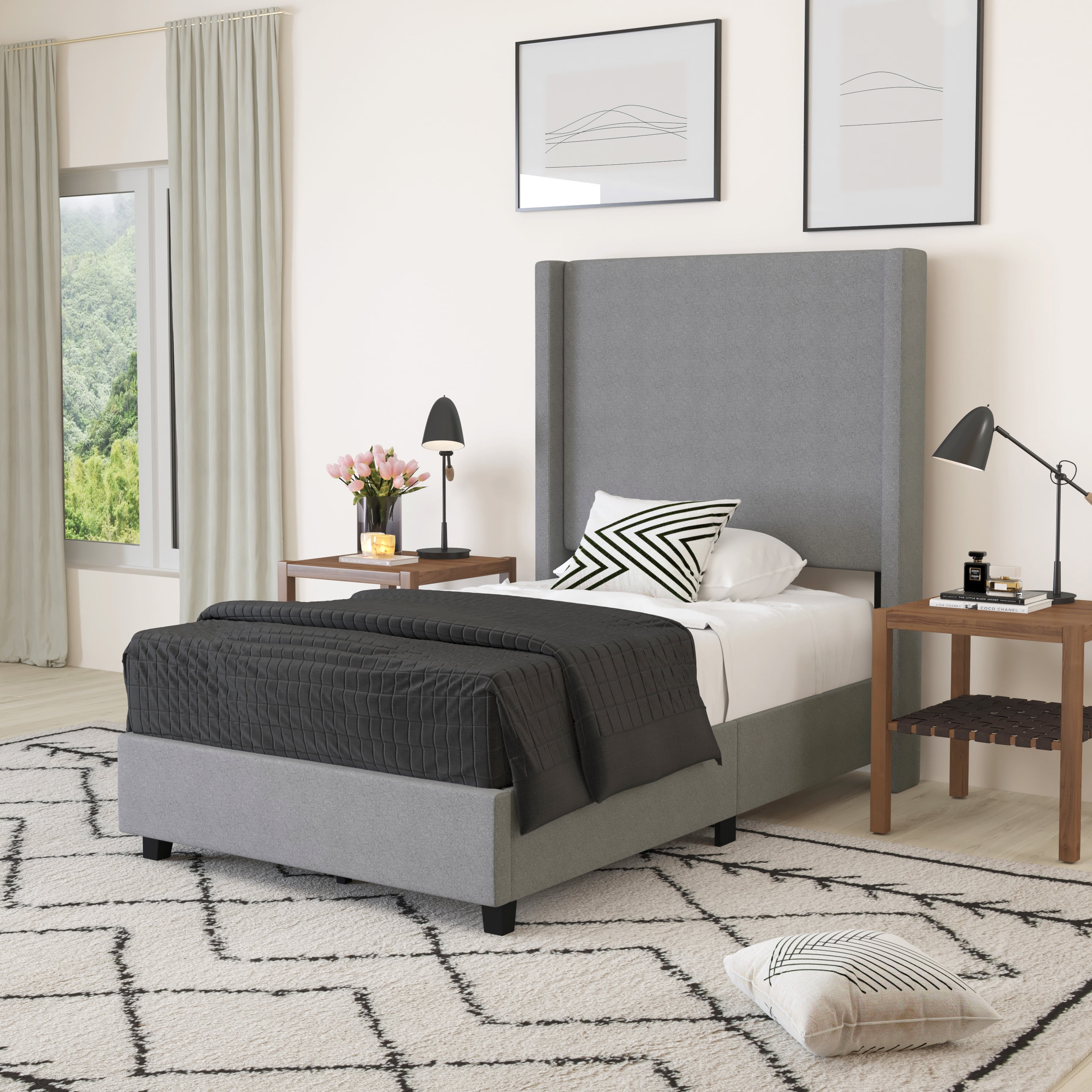 Merrick Lane Modern Twin Size Platform Bed Frame with Padded Faux Linen