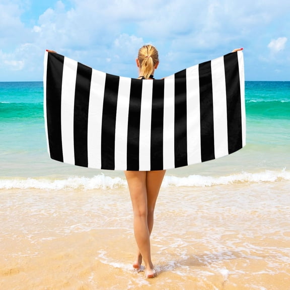 Ryvnso White and Black Stripe Pattern Oversized Beach Towel Microfiber Bath Blankets Swimming Fitness 37" x 74"