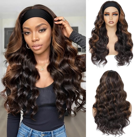 QUEENTAS Headband Wig for Women 24 Inch Glueless Ready to Wear – Long Wavy Loose Wave Pre-Plucked Natural Hairline Heat Resistant Synthetic Wig (Black Mixed Blonde)