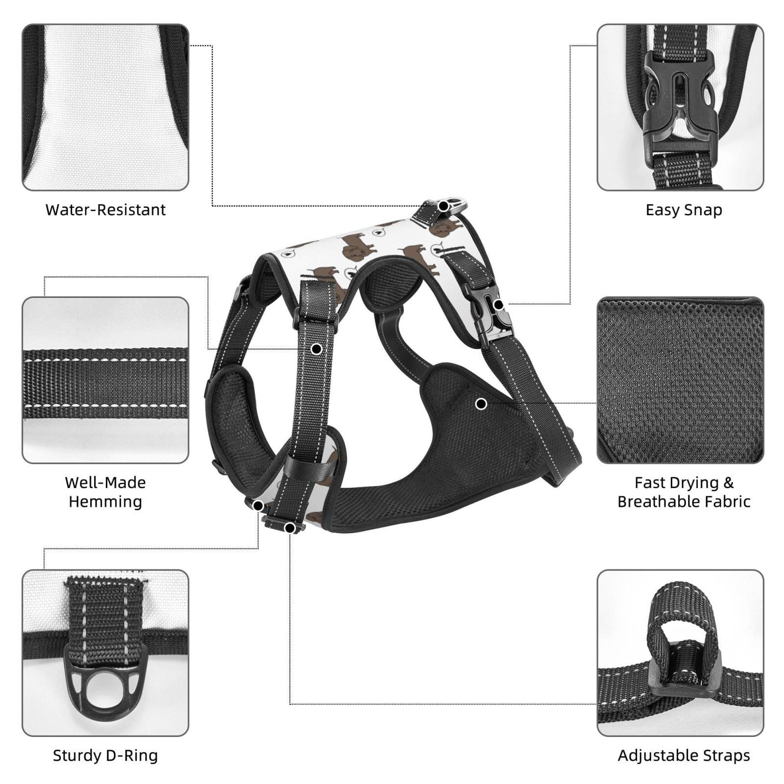 Kdxio Dachshund Dog Print No Pull Dog Harness Adjustable Reflective Oxford Easy Control Medium Large Dog Harness for Training and Everyday-Large