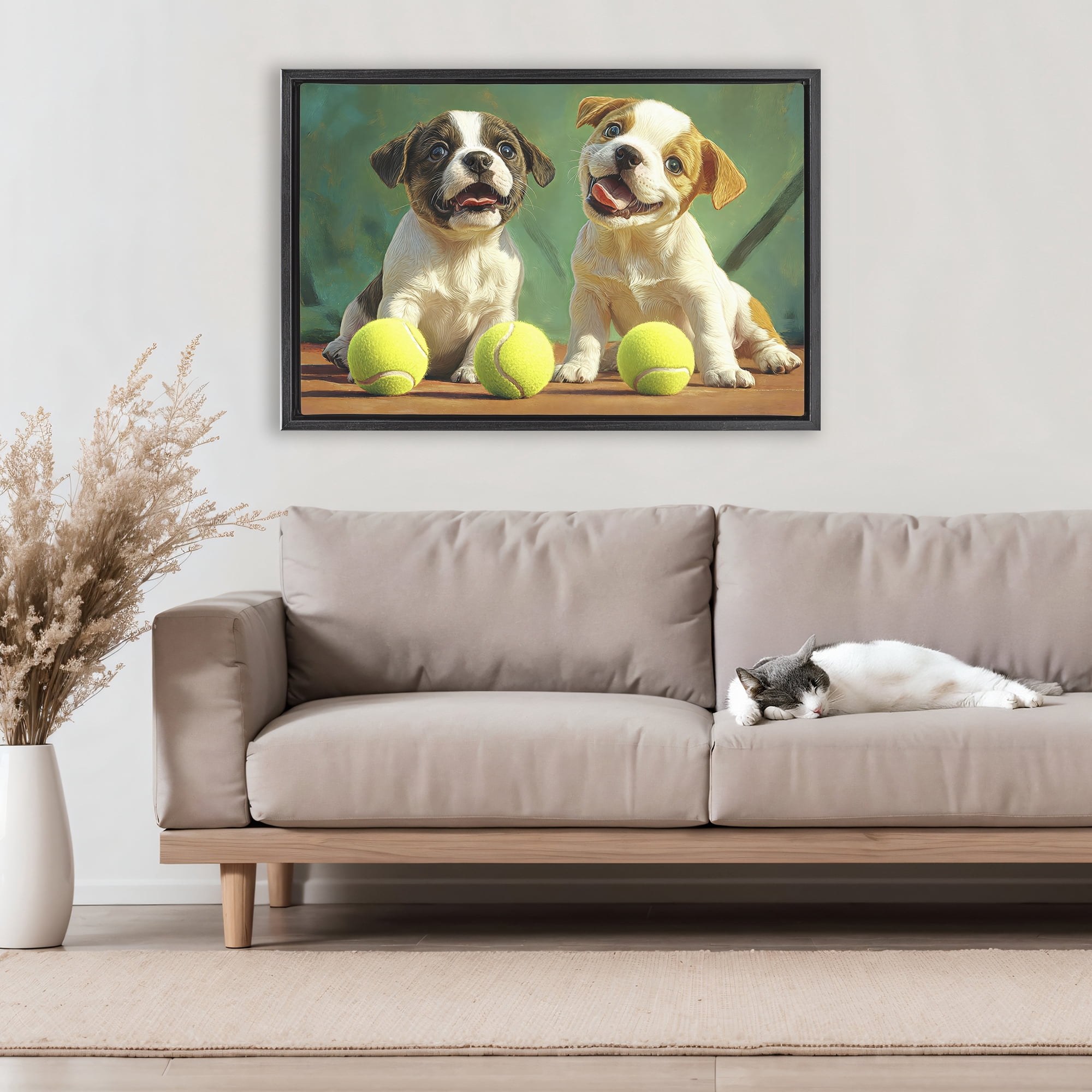 Stupell Industries Adorable Puppies with Tennis Balls Black Framed Floater Canvas Wall Art, design by Imagine It Images