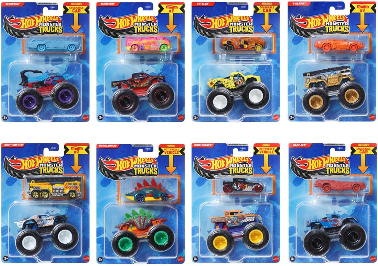 Hot Wheels Monster Trucks with Crushable Car, Race, Smash, Crash and Go Big, Bundle of 8 GRH81-999Q