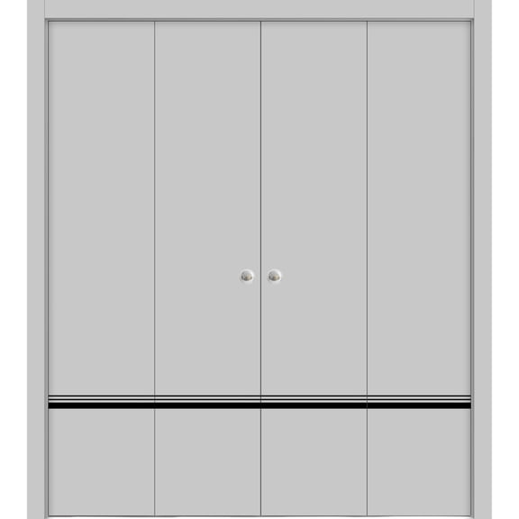 Sliding Closet Double Bi-fold Doors | Planum 0012 Grey Matte with Frosted Glass | Sturdy Tracks Moldings Trims Hardware Set | Wood Solid Bedroom Wardrobe Doors