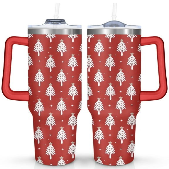 Red White Christmas Tree 40 Oz Tumbler with Handle Lid and Straw Stainless Steel Double Walled Vacuum Insulated Cup Merry Christmas Gifts Tumbler for Women Men Friends Outdoor Indoor