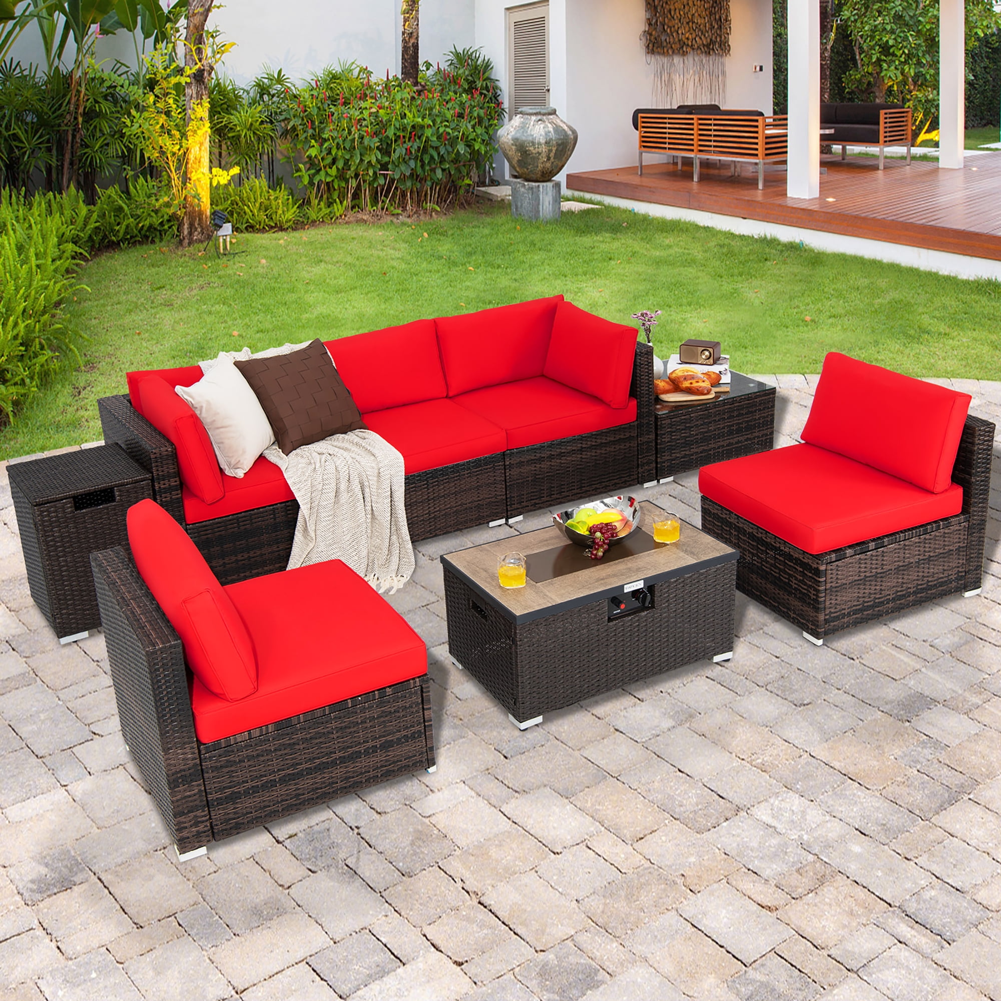 Costway 8PCS Patio Rattan Furniture Set Fire Pit Table Tank Holder Cover Deck Red