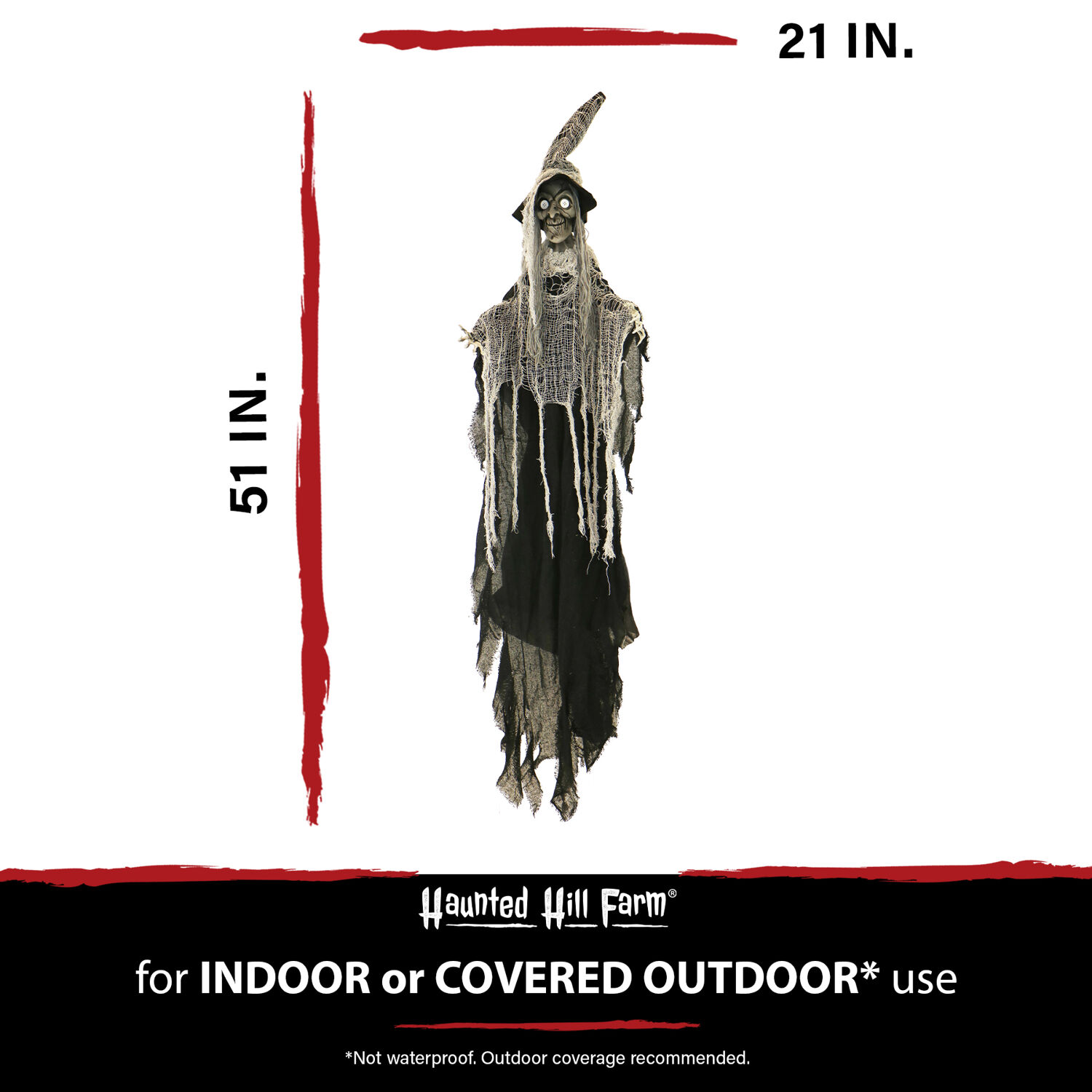 Haunted Hill Farm 51-In. Luna the Hanging Witch with Button Eyes, Indoor or Covered Outdoor Halloween Decoration, Poseable, HHWITCH-35H