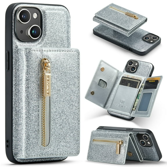 Nalacover Back Wallet Case for iPhone 14, 2 in 1 Function Design Zipper Pocket Luxury Shining PU Leather Cover with Card Slots Holder Magnetic Kickstand Shockproof Anti-Scratches Case,Silver