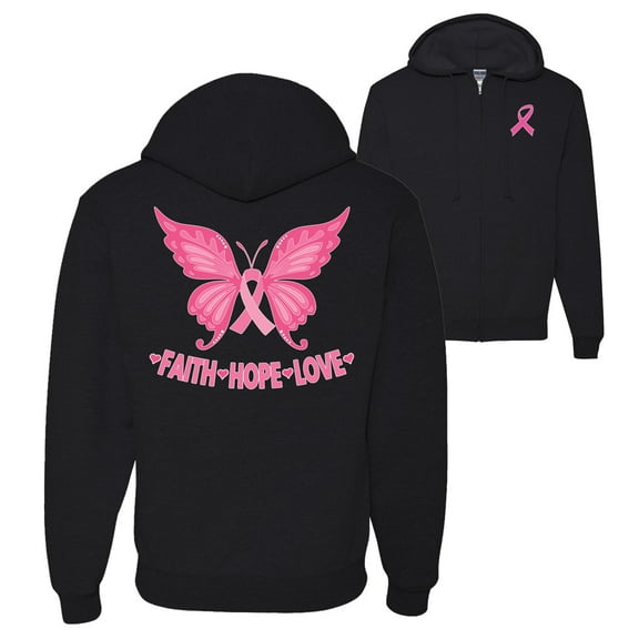 Wild Bobby Breast Cancer Awareness Butterfly Pink Ribbon Faith Hope Love Front and Back Graphic Zip Up Hoodie Sweatshirt, Black, Small