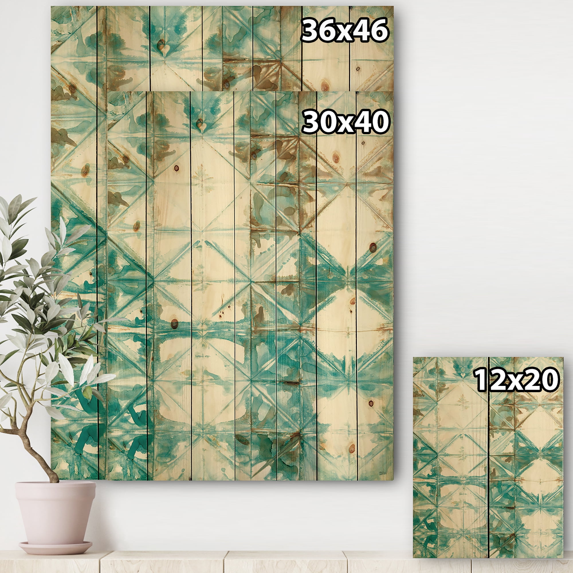 Designart 'Turquoise Watercolor Geometrical Pattern IV' Modern & Transitional Print on Natural Pine Wood