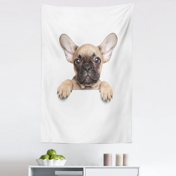 Bulldog Tapestry, Pedigreed Young Puppy Close-up Photo Best Friend Pet Lover Print, Fabric Wall Hanging Decor for Bedroom Living Room Dorm, 5 Sizes, Sand Brown White, by Ambesonne