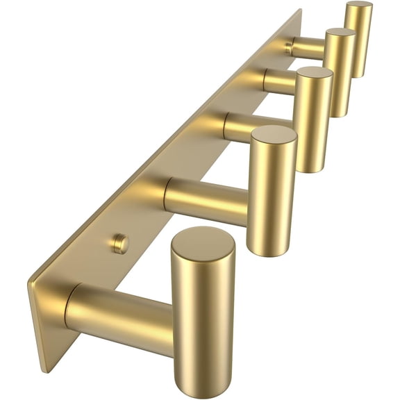 Hat and Coat Wall Mount Rack - Hooks for Robes, Bags, Keys, and Towels - Bathroom Towel Hanger Organizer (Gold, “T“ Shape 5 Hooks 1 Pack)