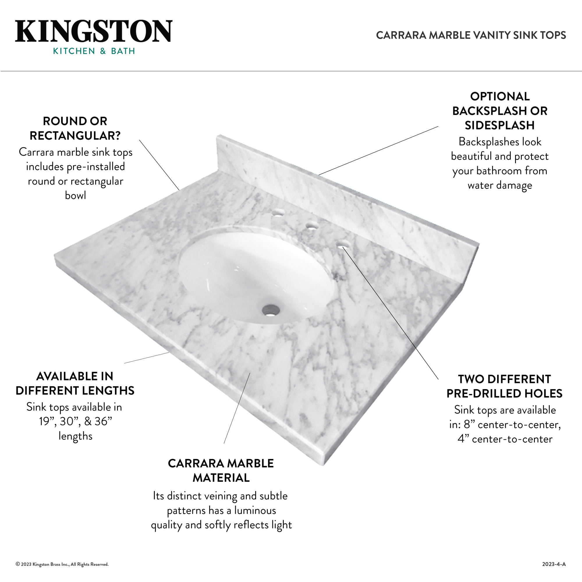 Kingston Brass KVPB1917M38 Fredrickson 19-Inch Carrara Marble Vanity Sink Top (8" Faucet Drillings) in Carrara White