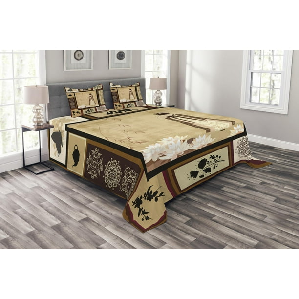 Japanese Bedspread Set, Girl in Traditional Dress and Cultural Patterns