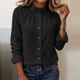 thumbnail image 2 of hoksml Women Stand Collar Gathered Neck Long Sleeve Shirt Cotton Linen Textured Button Down Blouse for Office Daily Travel, 2 of 9