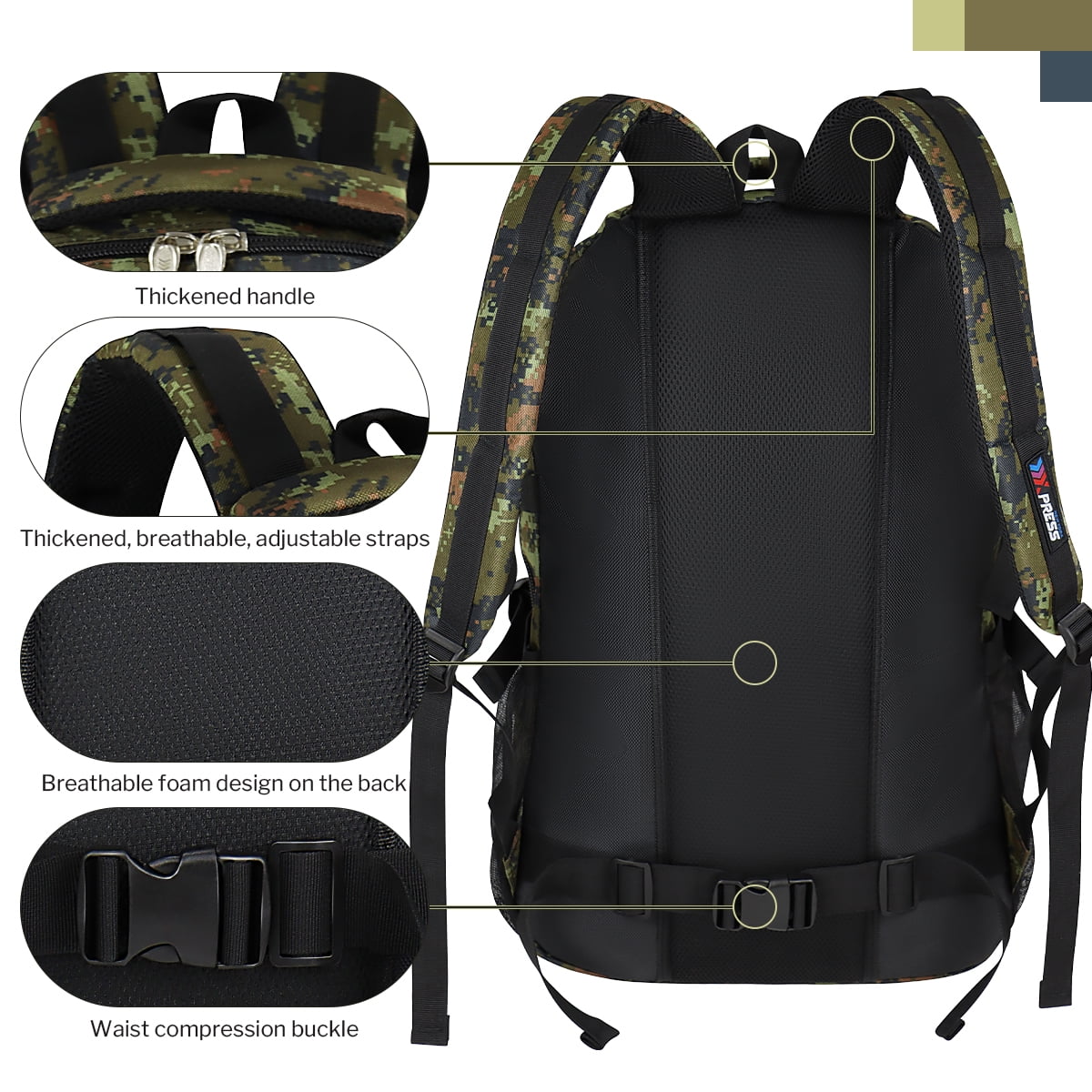 Camo Backpack for Adults, 40L Large Capacity Back Pack for Work Travel Hiking Outdoor, Army Green - BP8023