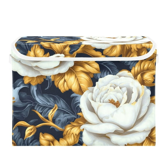 Gold Leaf White Flowers Large Storage Bins with Linen Collapsible Lid Storage Box 16.7 x 12.6 x 11.8in