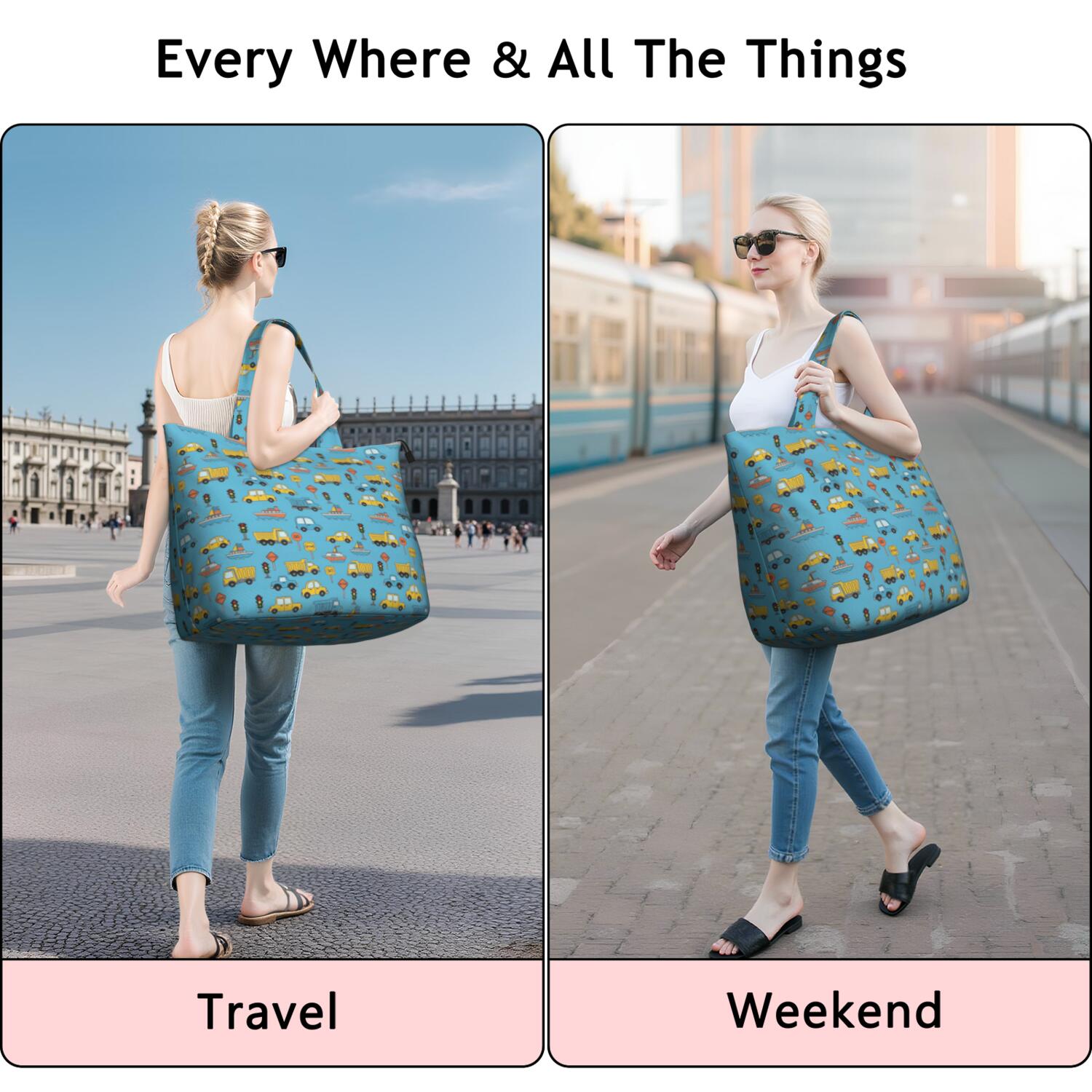 Cartoon Traffic Vehicles Boats Light Blue Pattern Travel Tote Bags for Women Carry On,Large Weekender Bags for Women Travel,Multi Functional Duffle Bag for Work,Shopping,Sports