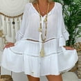 thumbnail image 4 of Women's Plus Size Babydoll Oversize Long Bouse Mini Dress Lady Work Blouses Dressy Vintage Solid Color Eyelet Tees Summer Tops Woman 3/4 Sleeve Western Shirts Button Down V Neck T Shirt Tunic White M, 4 of 9