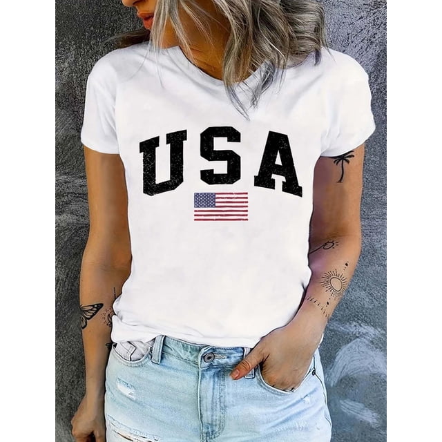 USA Print T-shirt, Short Sleeve Crew Neck Casual Top For Summer & Spring, Women's Clothing Tee For Adult, Men, Women, Teen, Teenager, Adolescent, Youth