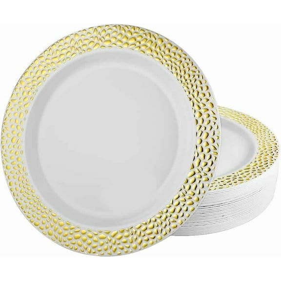 EcoQuality 9 Inch Gold Plastic Round Dinner Plate Pebble Design – Elegant Disposable Tableware for Weddings Parties and Events – Durable Stylish and Reusable Design – Catering Buffets (10)