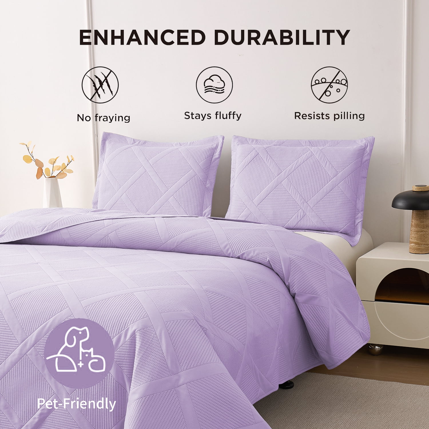 Beartech Solid Color Quilt Set Queen/Full Size Light Purple Bedspread Coverlet Microfiber Bedding Lightweight Reversible Set,Soft Bedding for All Seasons