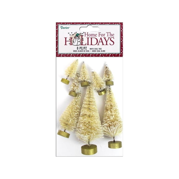 White Bottle Brush Trees: Set of 8 Mini Christmas Trees with Frost