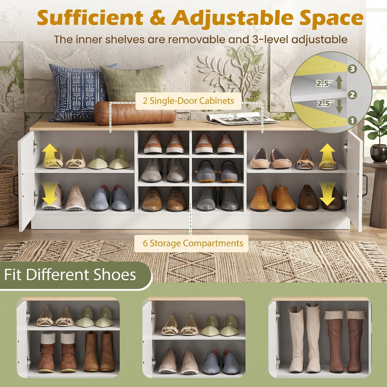 Furnibear 59 Inch 2-Door Shoe Bench Storage Cabinet with 6 Compartments and Adjustable Shelves for Entryway and Hallway, Natural