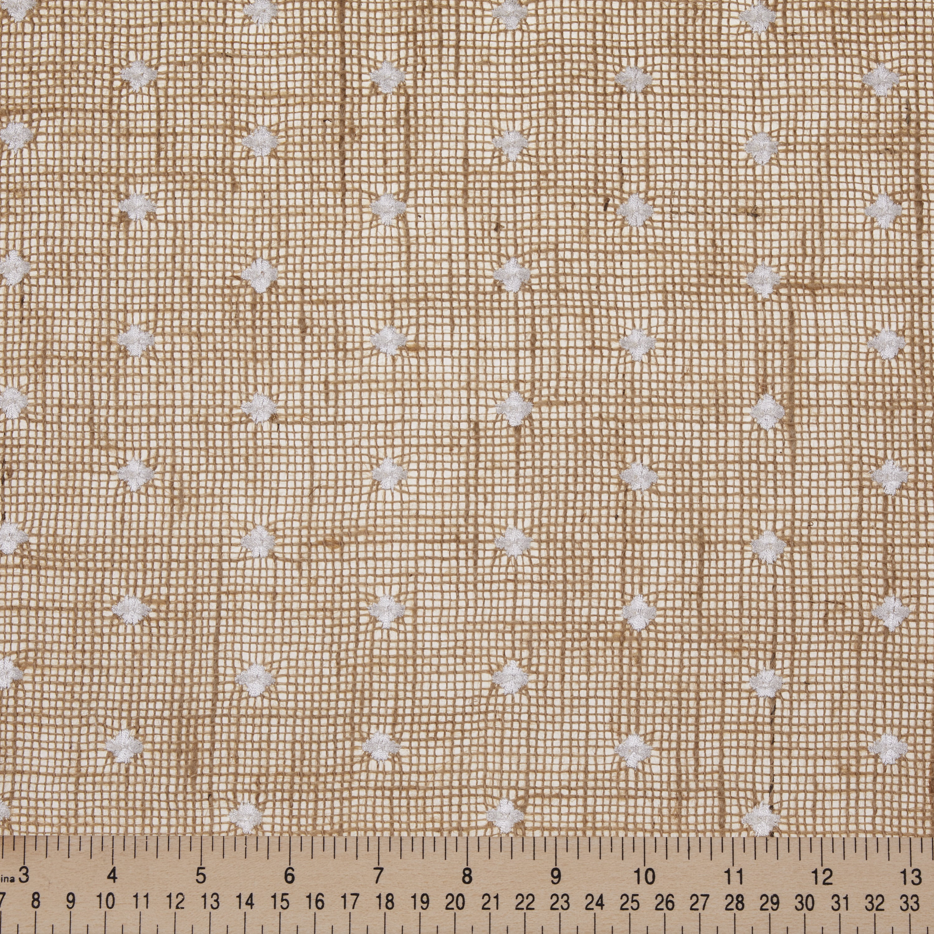 Love, Laugh, Craft Natural Jute Burlap Table Runner Roll, Finished Edges, 12"Wx3-Yds, White Dots