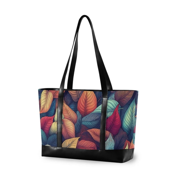 FORMRS Canvas Laptop Tote Bag for Women with 15.6" Computer Compartments Shoulder Handbag, Blue Vibrant Leaves Pattern