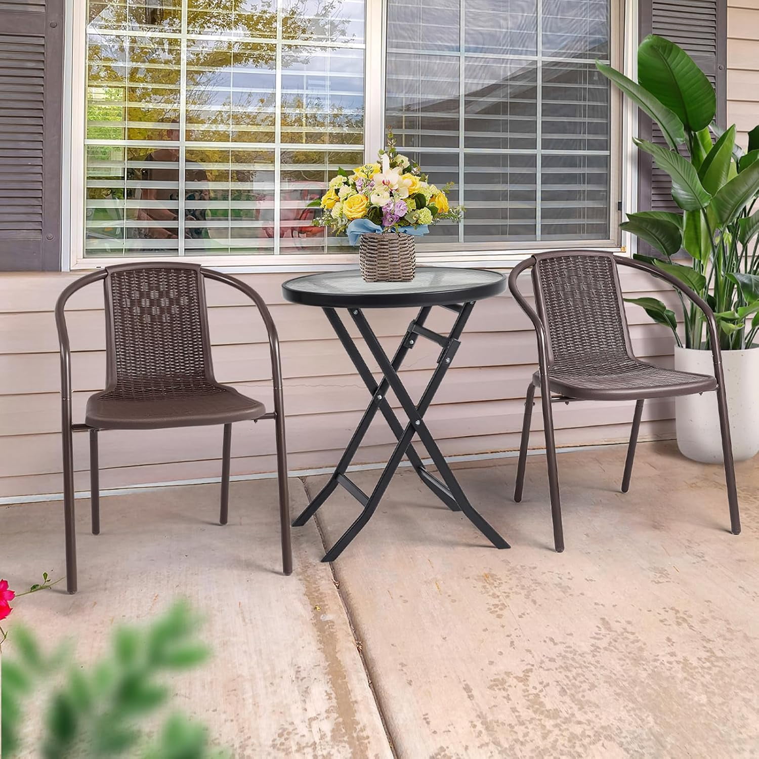 PEXMOR PE Rattan Outdoor Dining Chairs Set of 4, Plastic Stackable Patio Chairs for Garden, Porch & Indoor Use