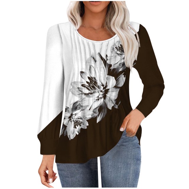 HKEJIAOI Tunique à Manches Longues Bouffantes pour Femmes Blouses Florales Plissées Décontractées Col Rond T-Shirts Mode Automne 2024 S