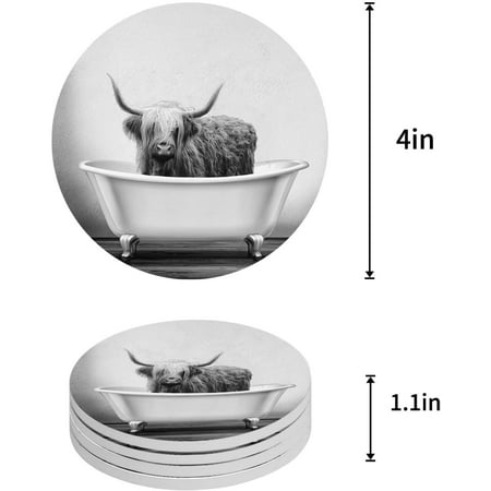 

KXMDXA Bathtub Cow Black White Set of 4 Round Coaster for Drinks Absorbent Ceramic Stone Coasters Cup Mat with Cork Base for Home Kitchen Room Coffee Table Bar Decor