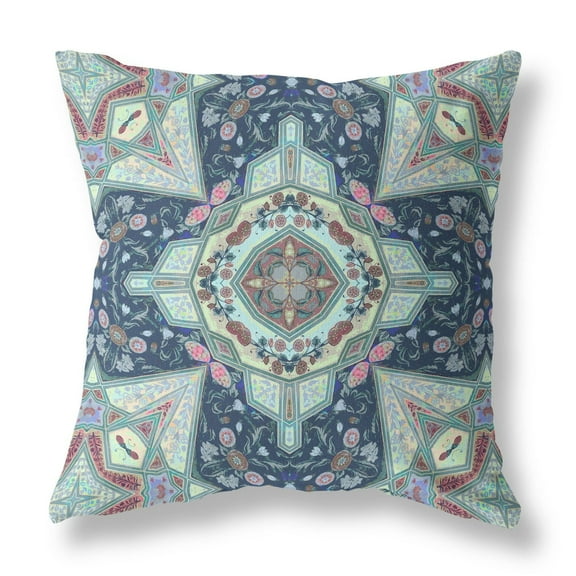 16â€ Aqua Blue Boho Pattern Indoor Outdoor Throw Pillow
