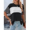 thumbnail image 5 of Womens Summer Oversized 2025 Crewneck Casual Color Block Striped Shirts Blouses Black M, 5 of 9