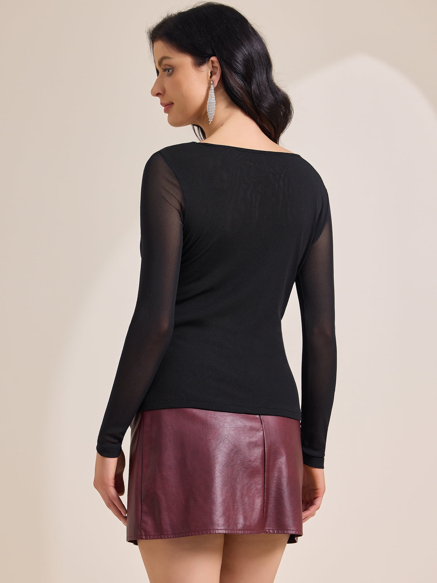 DARING DIVA Women's Semi Sheer Long Sleeve Ruched V Neck Sequin Panel Top XS Black