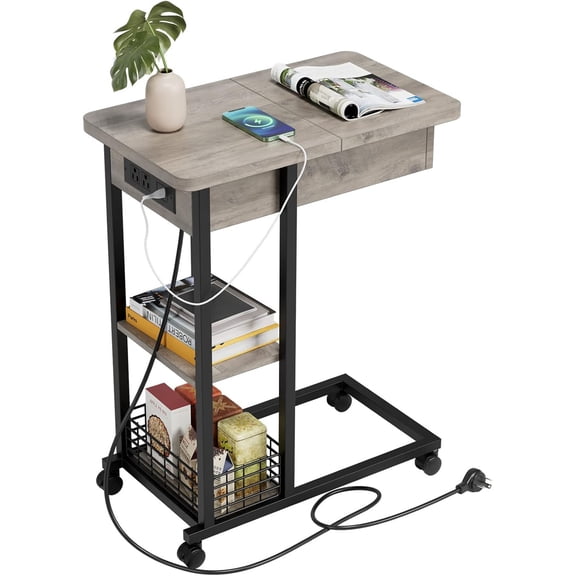 C Shaped Side Table with Charging Station, Flip Top Sofa End Table with USB Ports and Outlets for Living Room & Bedroom, Narrow Side Table with 3 Tier Storage Shelf for Small Spaces, Grey