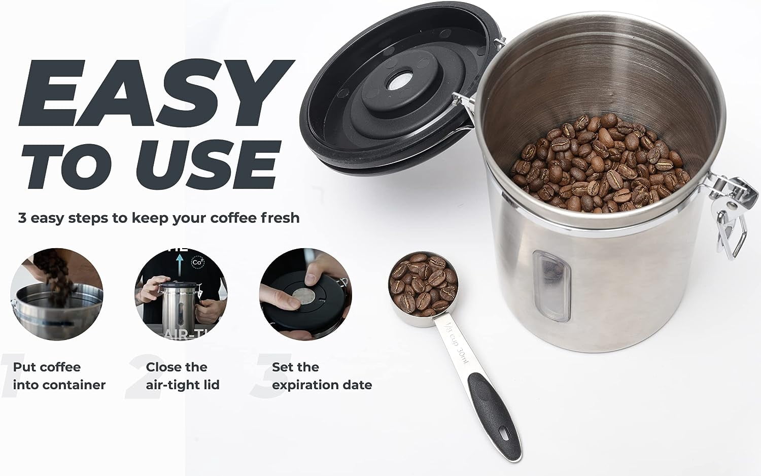 Stainless Steel Coffee Canister   Airtight Kitchen Food Storage Container with