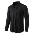 thumbnail image 2 of SSKDBFJG Men's Retro Style Drawstring Tie Long Sleeve Shirt, Casual Men's Tops Standing Collar Shirt (Black)L, 2 of 6