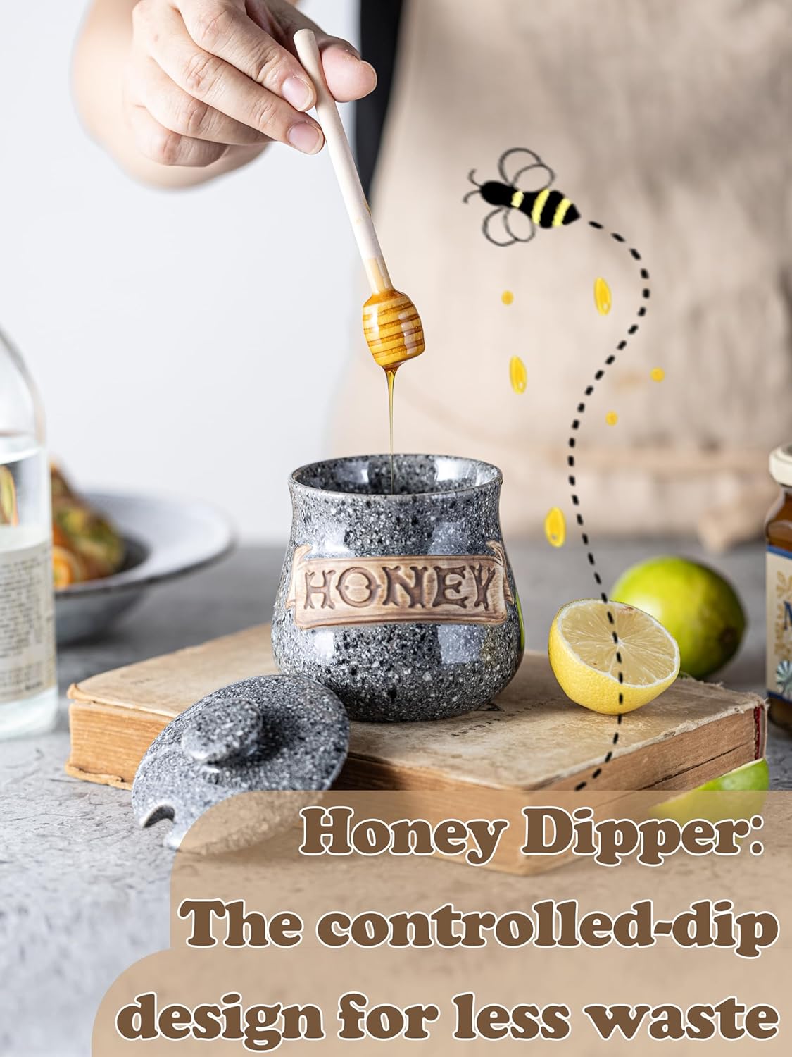 Honey Jar, Honey Pot, Honey Dispenser 12oz Grey Ceramic Honey Jar with Wood Dipper & Lid – Multi-Use for Fruit Syrup/Jam, Kitchens & Coffee Bars, Grey