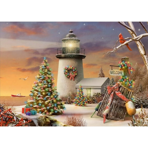 LPG Greetings Winter Lighthouse, Decorated Evergreen Trees and Cardinal Deluxe Glitter Alan Giana Nautical Christmas Card (1 card/1 envelope)