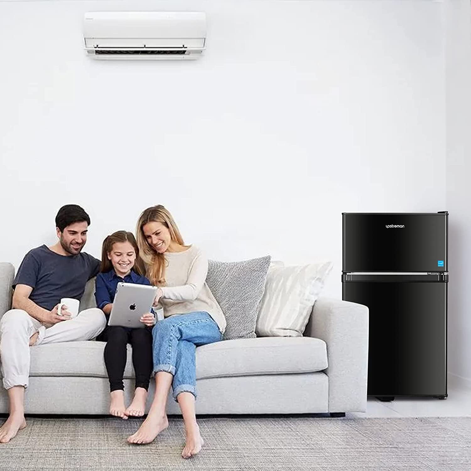 Upstreman Double Door Mini Refridgerator, Jet Black