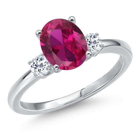 Gem Stone King 14K White Gold Red Created Ruby and White Topaz Engagement Ring for Women | 2.28 Cttw | Oval 9X7MM | Gemstone July Birthstone | Size 5