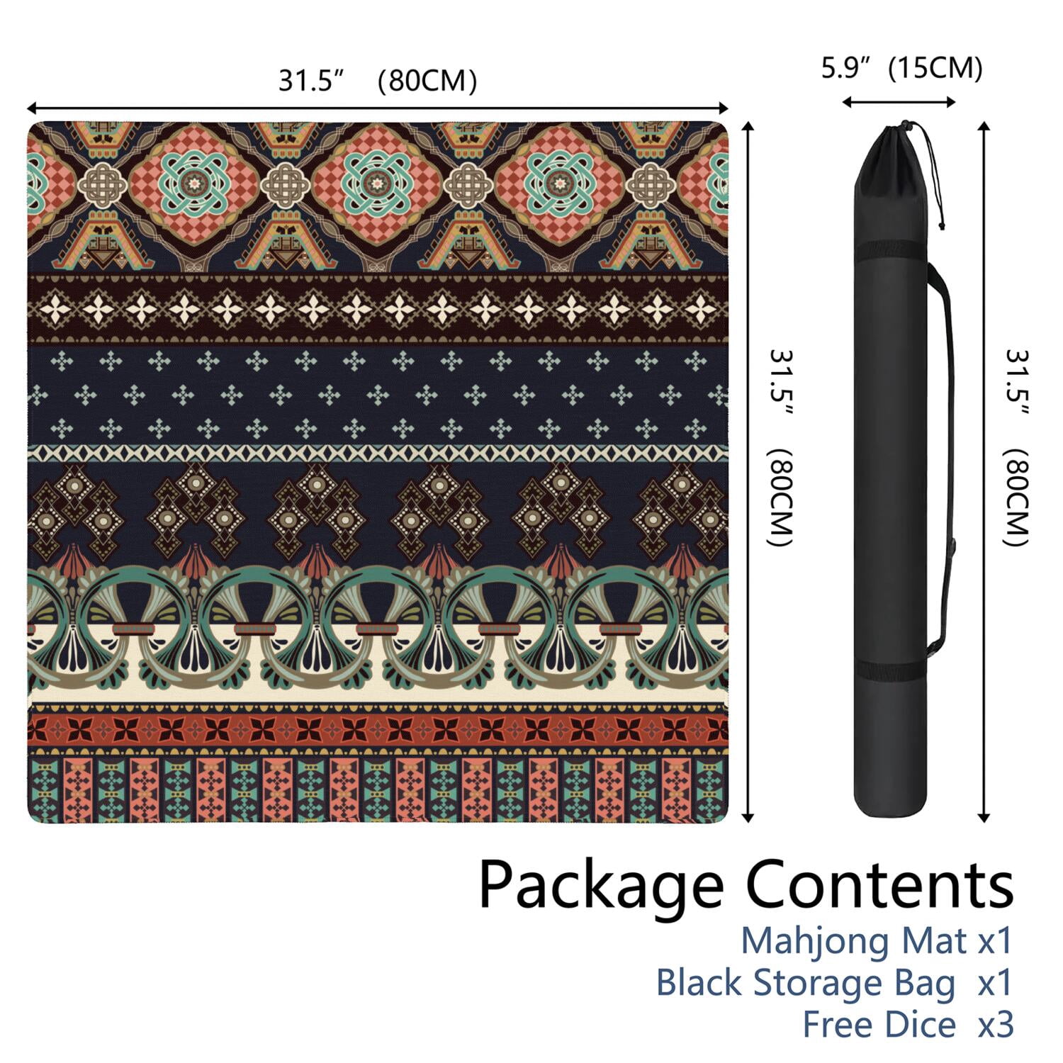 31.5 Inch Bohemian Game Mat Made of Premium Rubber Material with Anti-Slip Surface Grip and Noise Dampening Properties for Mahjong Tiles Board Games