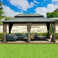 thumbnail image 3 of Domi Outdoor Living 12’ x 18’ Hardtop Gazebo Aluminum Frame Canopy with Netting & Curtains, Outdoor Permanent Metal Pavilion with Galvanized Steel Double Roof for Patio Lawn and Garden, Gray, 3 of 9