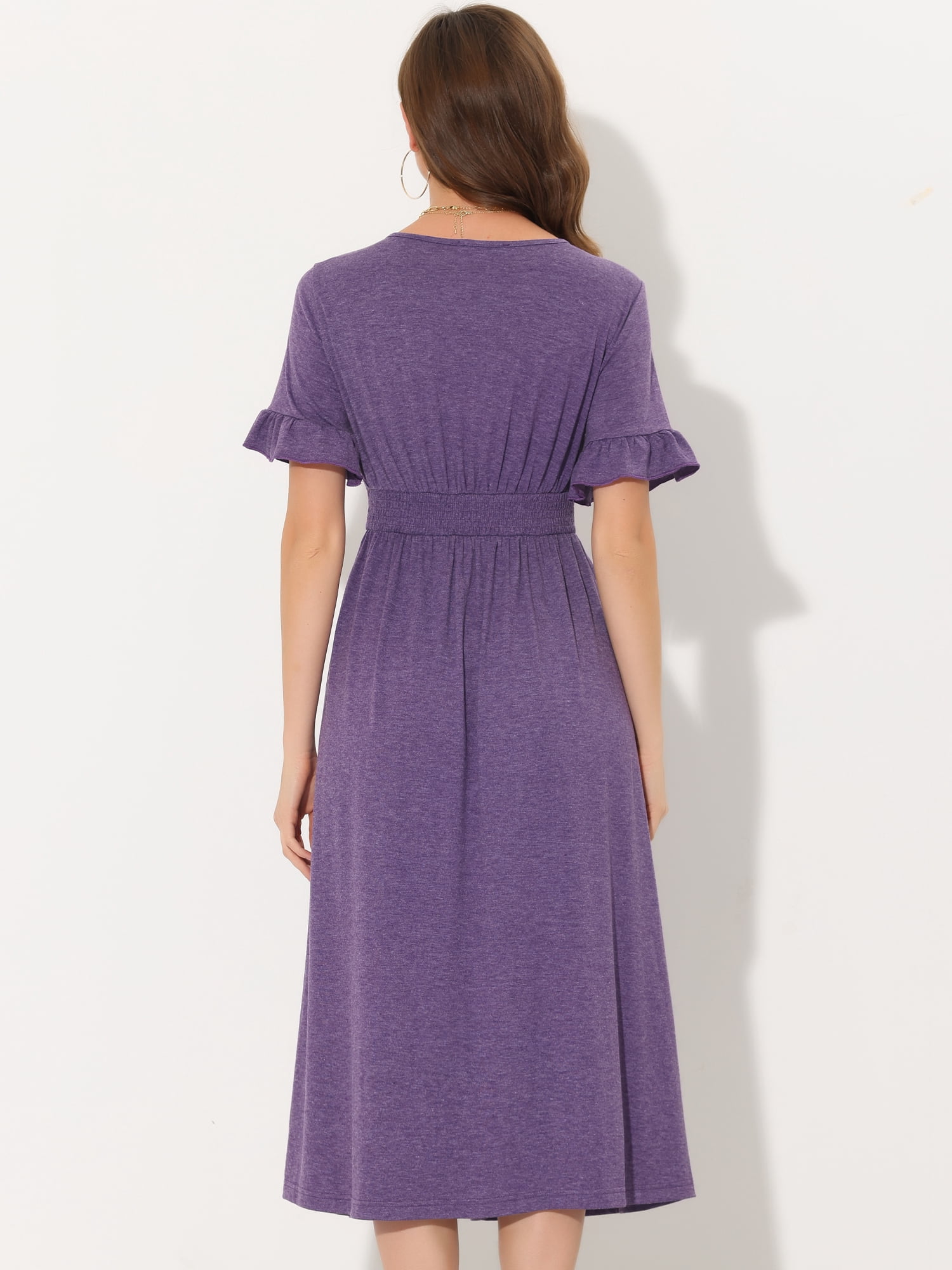 Unique Bargains Women's V Neck Button Flutter Sleeve Smocked High Waist Midi Dress S Purple