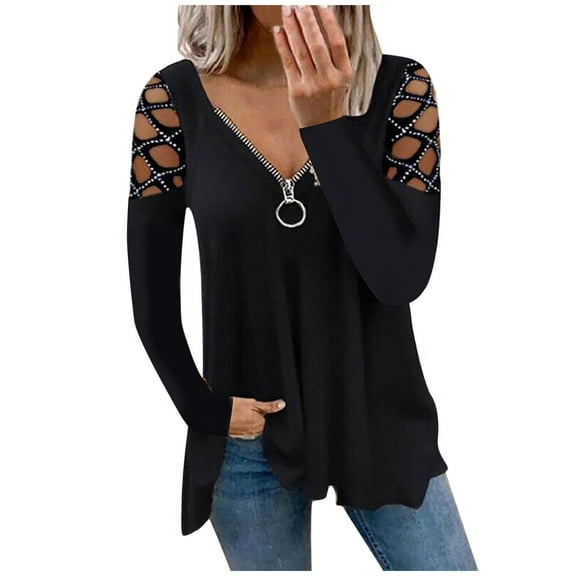 Black Womens Tops Women Lady's Tops V Neck Hollow Sleeve Rhinestone Solid Blouse Tunic T-Shirt T Shirts for Women