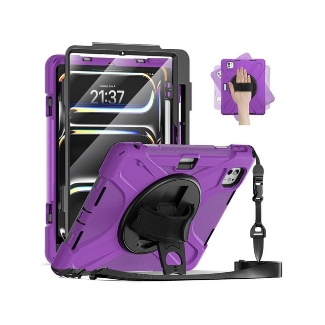 Case for iPad Pro 11 Inch M4 2024 5th Generation A2836/A2837/A3006 with Built-in Screen Protector, 360° Rotating Stand, Adjustable Shoulder Strap, Precise Cutouts, Pencil Holder
